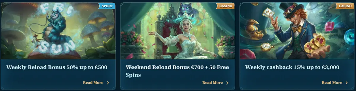 Casino promo cards featuring a weekly reload bonus of 50% up to €500, a weekend reload bonus of €700 plus 50 free spins, and weekly cashback of 15% up to €3,000, each with fantasy-themed artwork and “Read More” links.