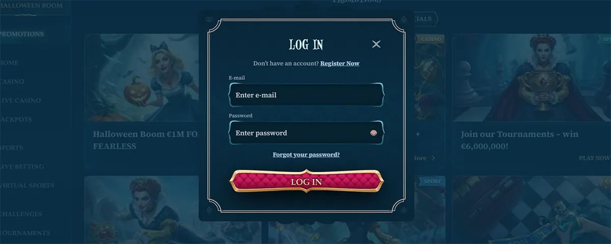Fantasy-themed casino login popup with email and password fields, a forgot password link, registration prompt, and a pink “Log In” button on a dark blue background.